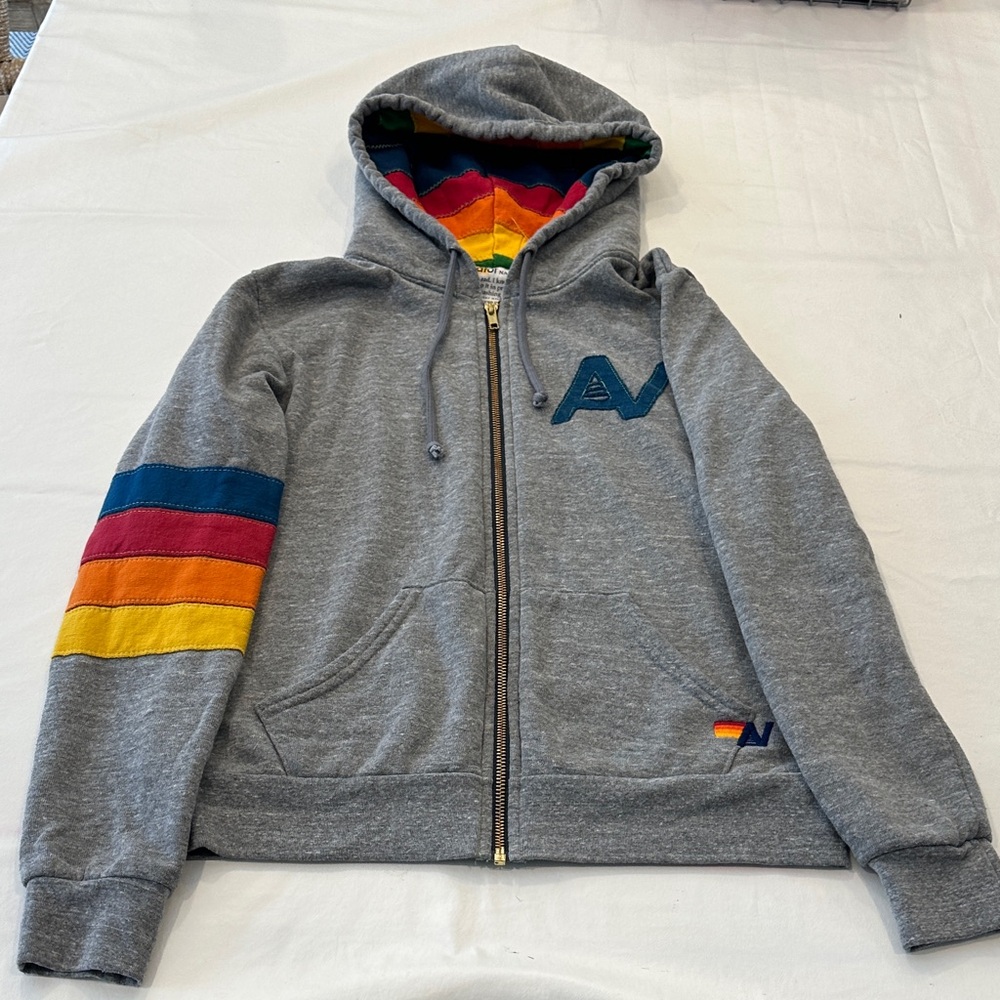 Aviator Nation gray Hoodie with Stripes on sleeve and inside hood, size S